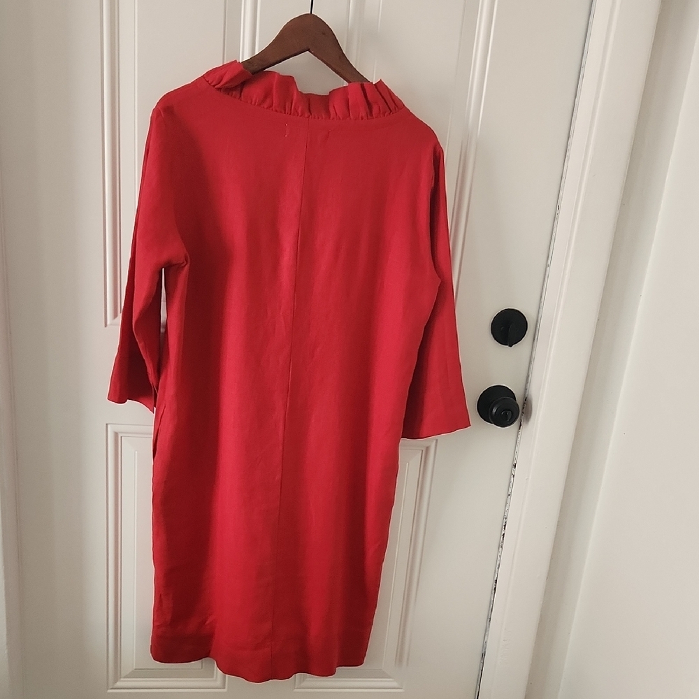 Crown Line Red Linen Ruffle Neck Dress - Picture 5 of 6